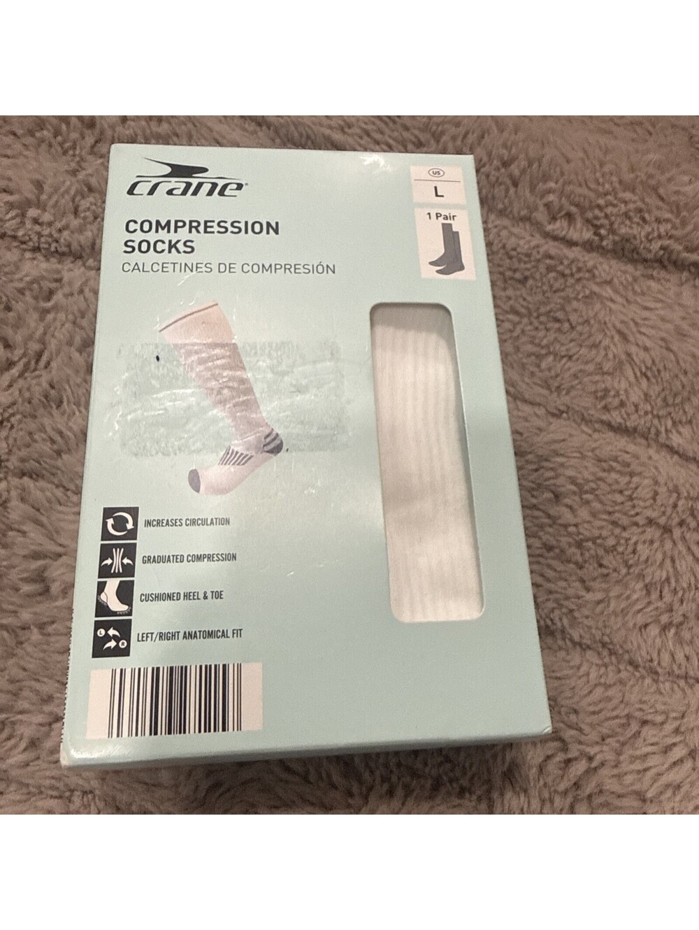 Crane Compression Socks Size large white,  1 Pair New In Package